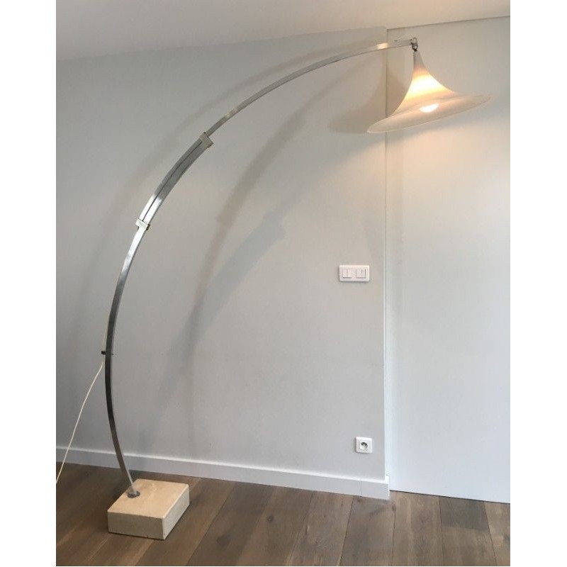 Rare Arco-Style Floor Lamp in Brushed Aluminum, Conical White Plastic Reflector and Marble Base, Circa 1970
