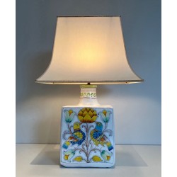 Earthenware Table Lamp with Birds and Flowers Decoration, French Work, circa 1970