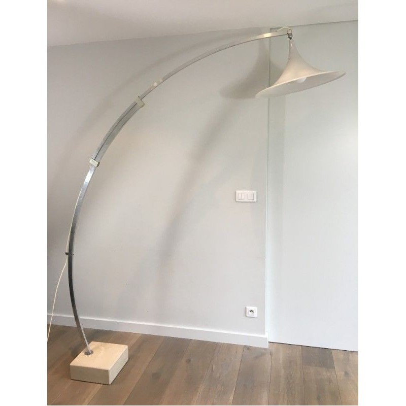 Rare Arco-Style Floor Lamp in Brushed Aluminum, Conical White Plastic Reflector and Marble Base, Circa 1970