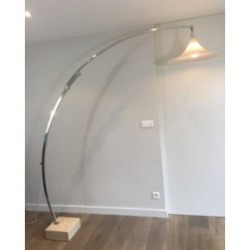 Rare Arco-Style Floor Lamp in Brushed Aluminum, Conical White Plastic Reflector and Marble Base, Circa 1970