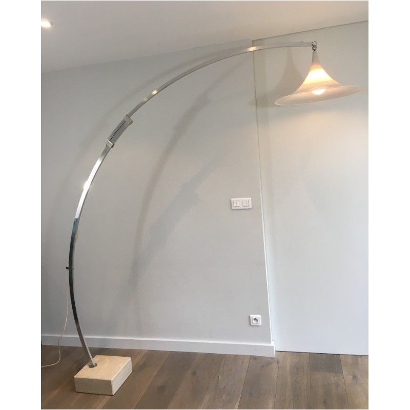 Rare Arco-Style Floor Lamp in Brushed Aluminum, Conical White Plastic Reflector and Marble Base, Circa 1970