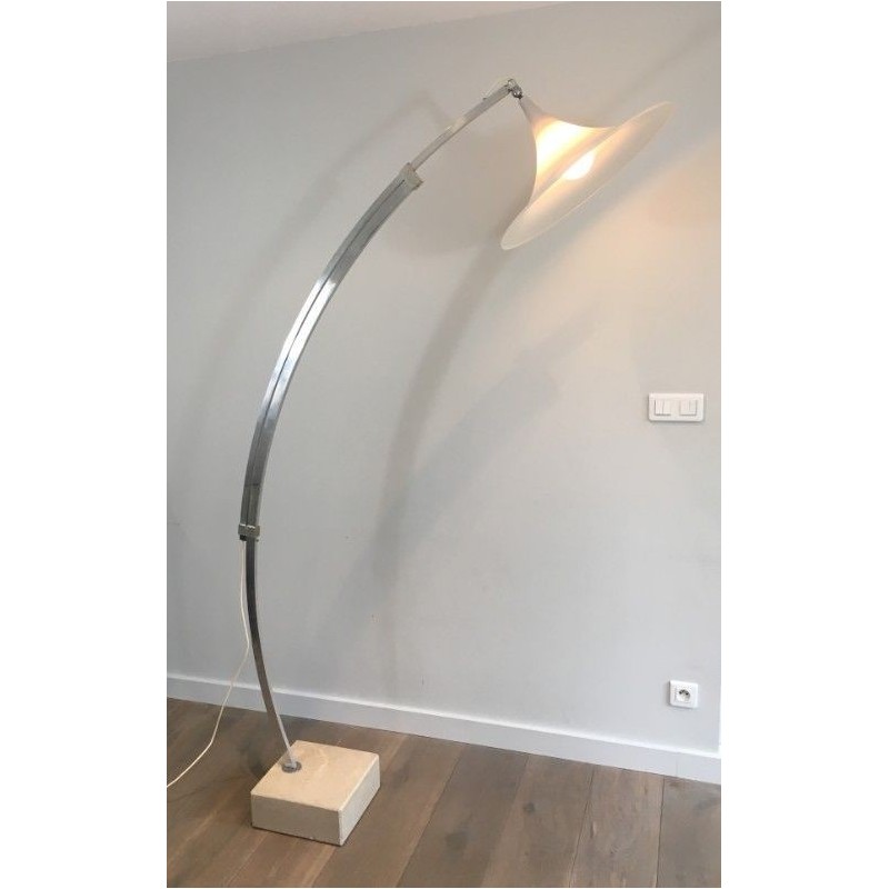 Rare Arco-Style Floor Lamp in Brushed Aluminum, Conical White Plastic Reflector and Marble Base, Circa 1970