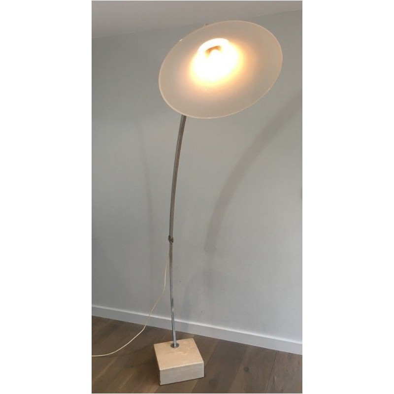 Rare Arco-Style Floor Lamp in Brushed Aluminum, Conical White Plastic Reflector and Marble Base, Circa 1970