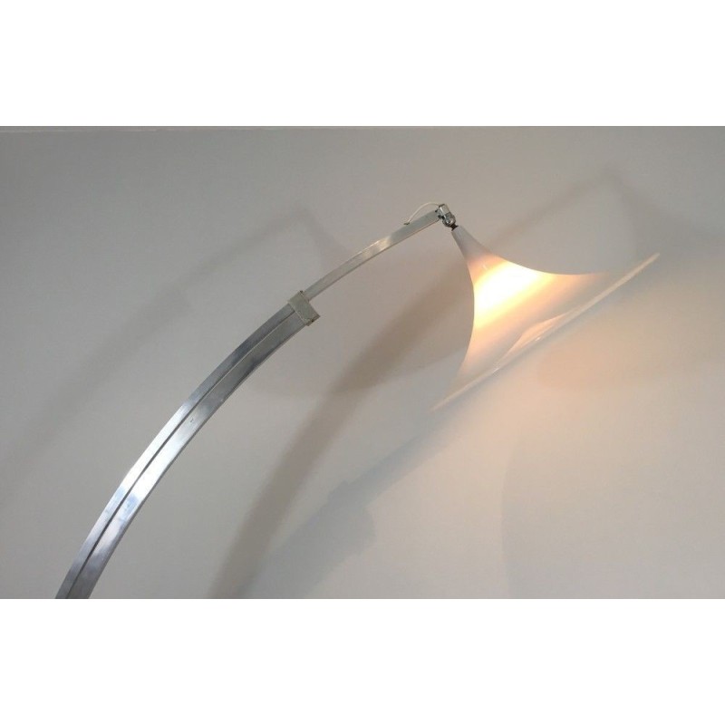 Rare Arco-Style Floor Lamp in Brushed Aluminum, Conical White Plastic Reflector and Marble Base, Circa 1970