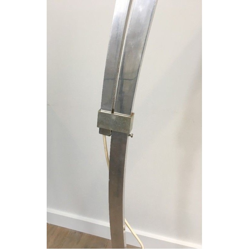 Rare Arco-Style Floor Lamp in Brushed Aluminum, Conical White Plastic Reflector and Marble Base, Circa 1970