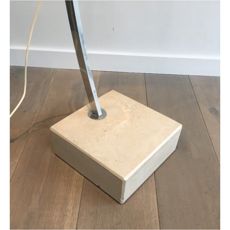 Rare Arco-Style Floor Lamp in Brushed Aluminum, Conical White Plastic Reflector and Marble Base, Circa 1970