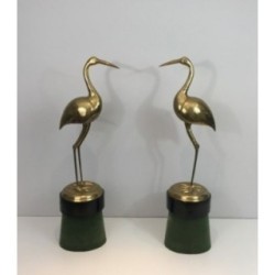 Pair of Brass Birds on Wood and Velvet Bases. Circa 1970