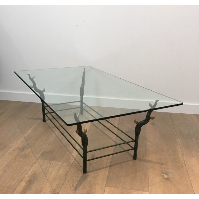 Wrought Iron Coffee Table with Patinated and Gilded Tree-Branch Base in the Manner of Willy Daro. Circa 1970