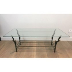 Wrought Iron Coffee Table with Patinated and Gilded Tree-Branch Base in the Manner of Willy Daro. Circa 1970
