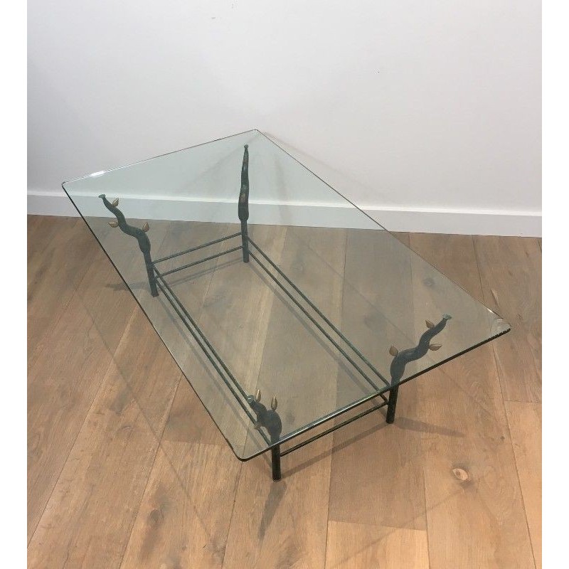Wrought Iron Coffee Table with Patinated and Gilded Tree-Branch Base in the Manner of Willy Daro. Circa 1970