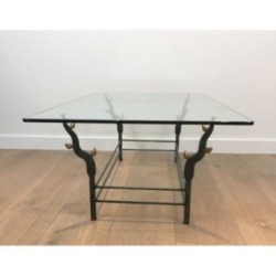 Wrought Iron Coffee Table with Patinated and Gilded Tree-Branch Base in the Manner of Willy Daro. Circa 1970