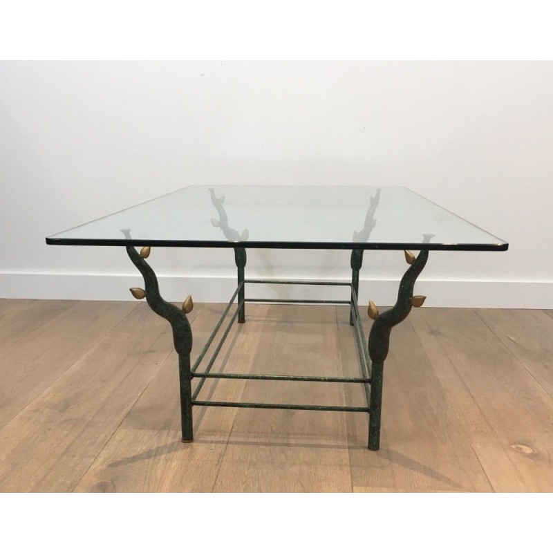 Wrought Iron Coffee Table with Patinated and Gilded Tree-Branch Base in the Manner of Willy Daro. Circa 1970