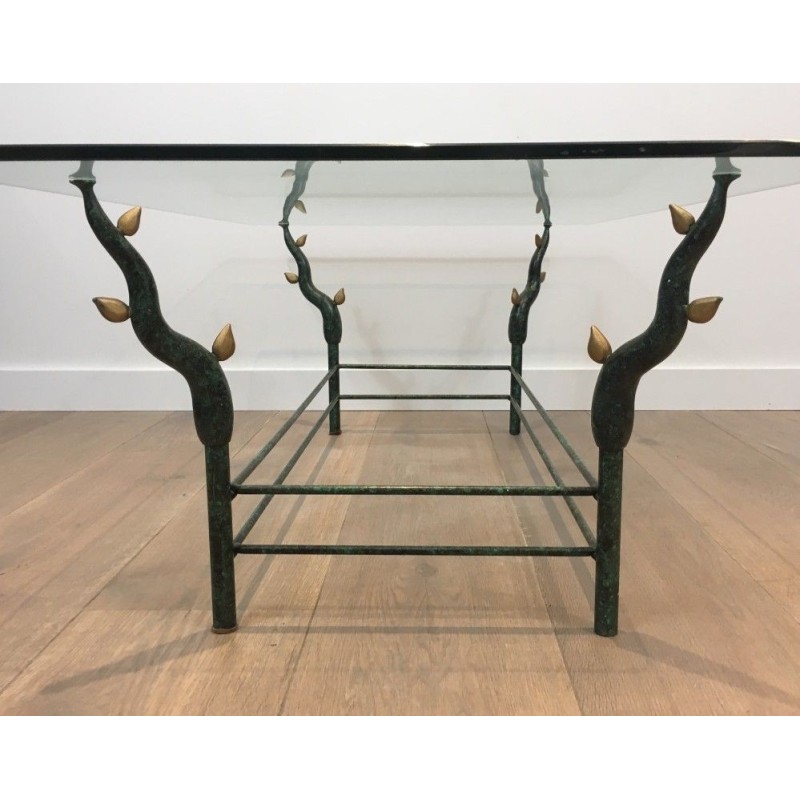Wrought Iron Coffee Table with Patinated and Gilded Tree-Branch Base in the Manner of Willy Daro. Circa 1970
