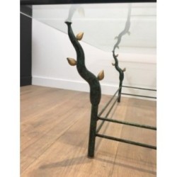 Wrought Iron Coffee Table with Patinated and Gilded Tree-Branch Base in the Manner of Willy Daro. Circa 1970