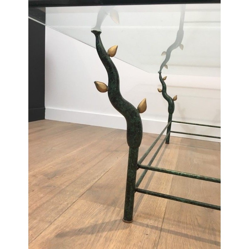 Wrought Iron Coffee Table with Patinated and Gilded Tree-Branch Base in the Manner of Willy Daro. Circa 1970