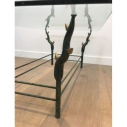 Wrought Iron Coffee Table with Patinated and Gilded Tree-Branch Base in the Manner of Willy Daro. Circa 1970