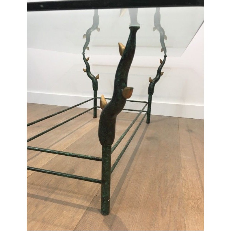 Wrought Iron Coffee Table with Patinated and Gilded Tree-Branch Base in the Manner of Willy Daro. Circa 1970
