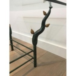 Wrought Iron Coffee Table with Patinated and Gilded Tree-Branch Base in the Manner of Willy Daro. Circa 1970