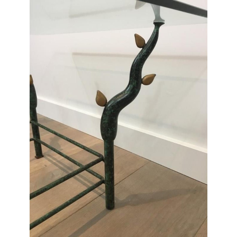 Wrought Iron Coffee Table with Patinated and Gilded Tree-Branch Base in the Manner of Willy Daro. Circa 1970
