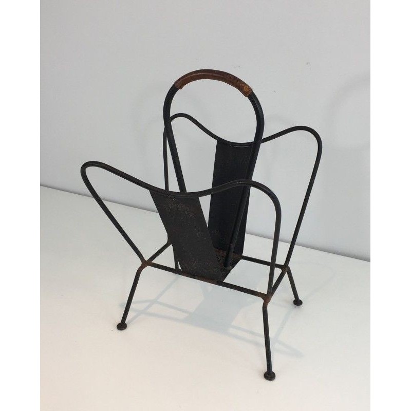 Magazine Rack in Black Lacquered Metal and Brown Leather, Attributed to Jacques Adnet. Circa 1940