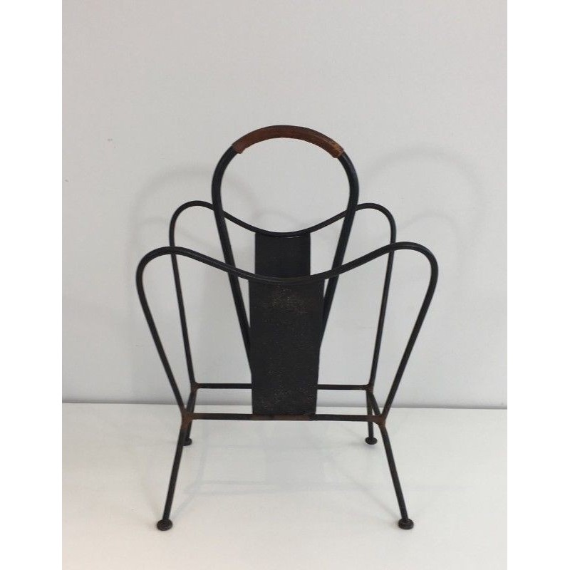 Magazine Rack in Black Lacquered Metal and Brown Leather, Attributed to Jacques Adnet. Circa 1940