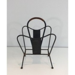 Magazine Rack in Black Lacquered Metal and Brown Leather, Attributed to Jacques Adnet. Circa 1940