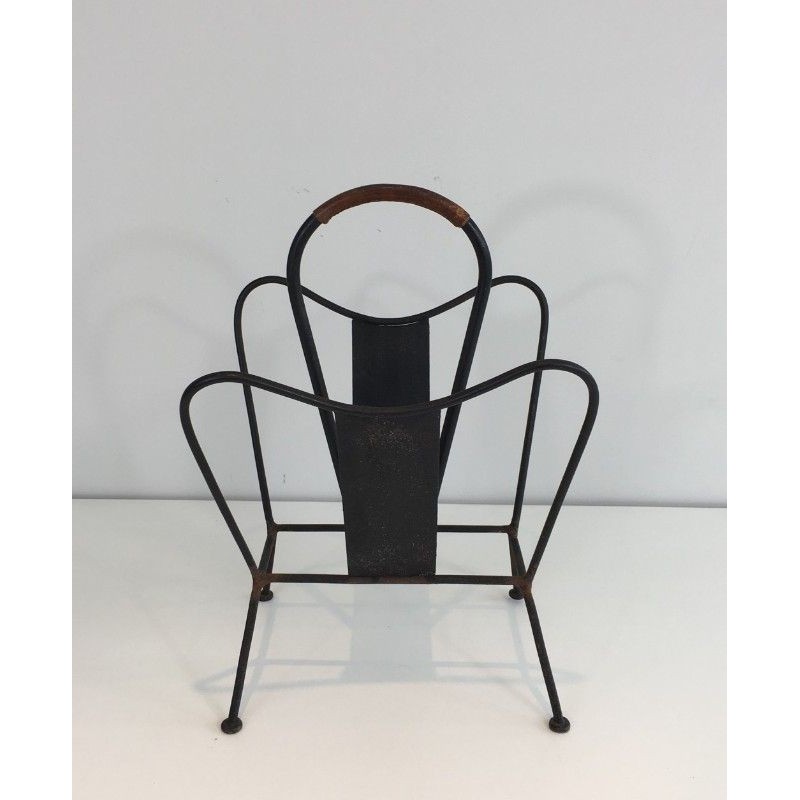 Magazine Rack in Black Lacquered Metal and Brown Leather, Attributed to Jacques Adnet. Circa 1940