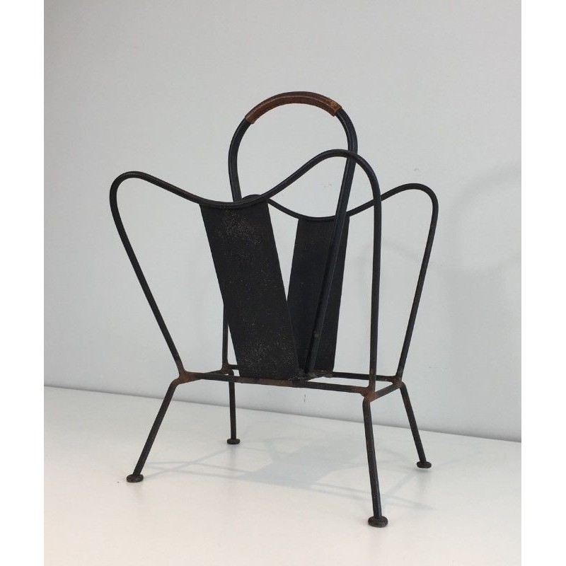 Magazine Rack in Black Lacquered Metal and Brown Leather, Attributed to Jacques Adnet. Circa 1940