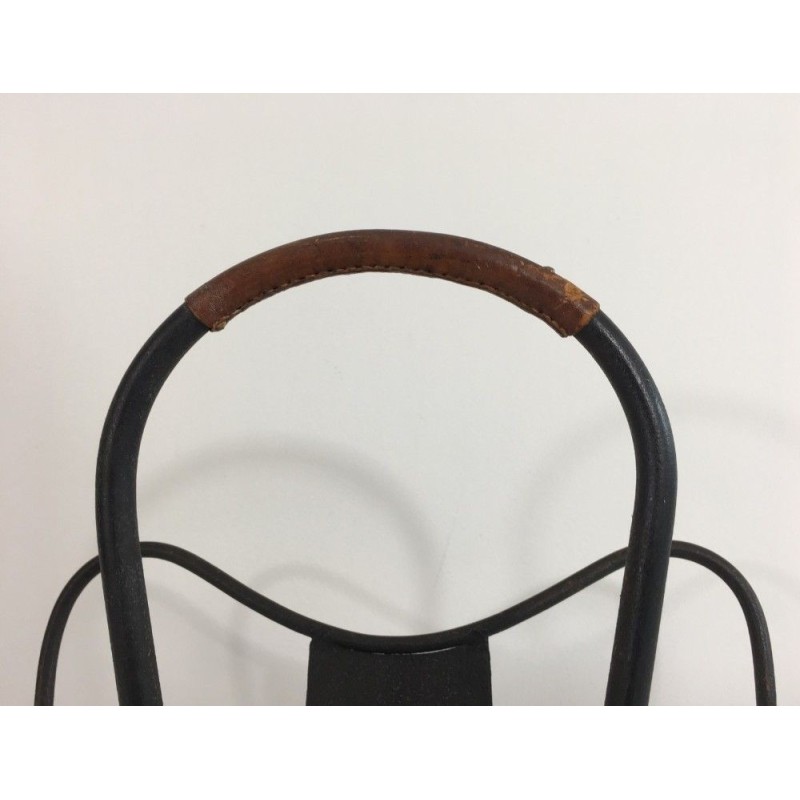 Magazine Rack in Black Lacquered Metal and Brown Leather, Attributed to Jacques Adnet. Circa 1940