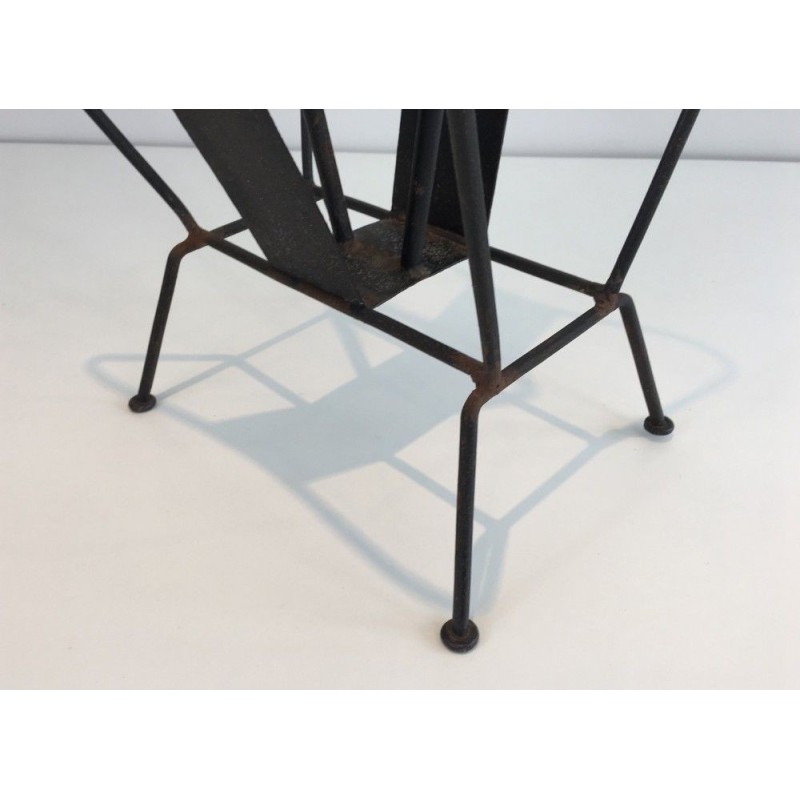Magazine Rack in Black Lacquered Metal and Brown Leather, Attributed to Jacques Adnet. Circa 1940