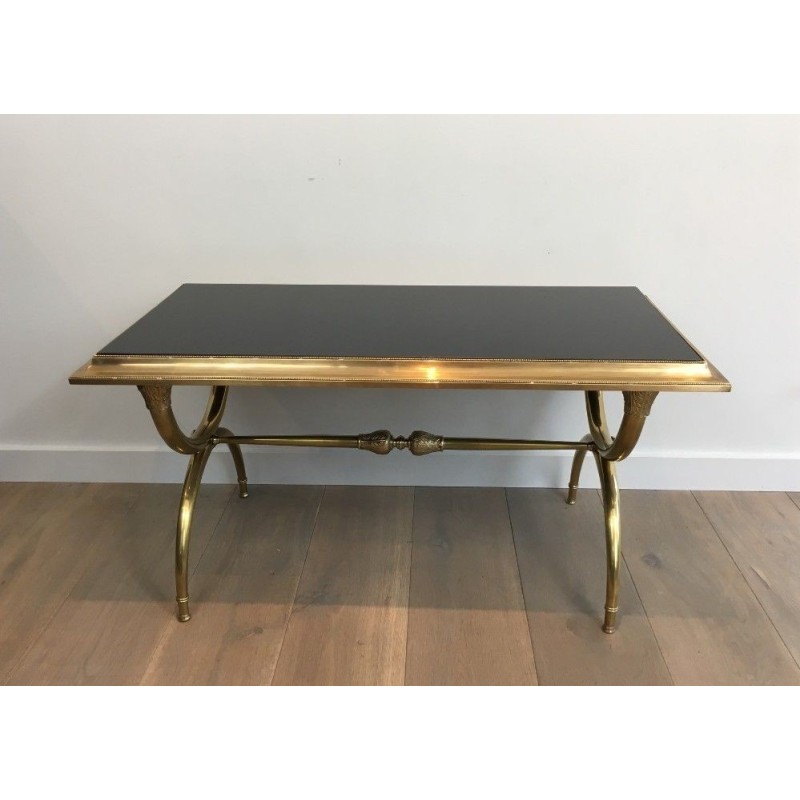 Neoclassical Coffee Table in Bronze and Brass with Black Lacquered Glass Top, Attributed to Raymond Subes. Circa 1940