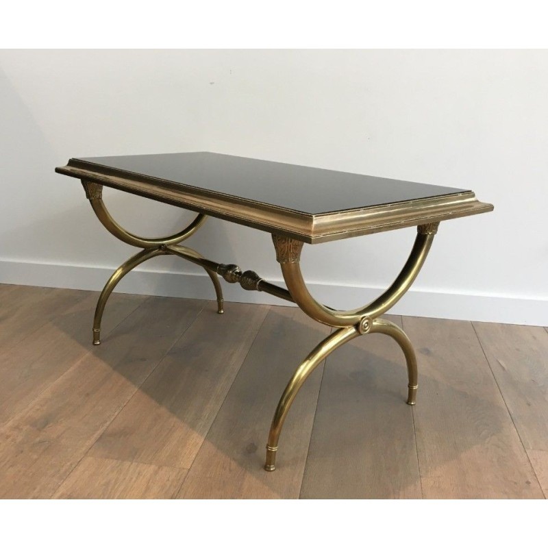 Neoclassical Coffee Table in Bronze and Brass with Black Lacquered Glass Top, Attributed to Raymond Subes. Circa 1940