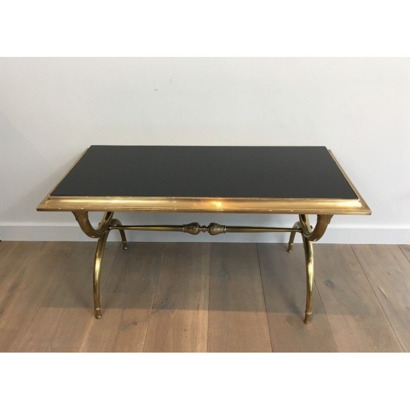 Neoclassical Coffee Table in Bronze and Brass with Black Lacquered Glass Top, Attributed to Raymond Subes. Circa 1940