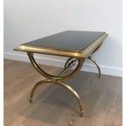 Neoclassical Coffee Table in Bronze and Brass with Black Lacquered Glass Top, Attributed to Raymond Subes. Circa 1940