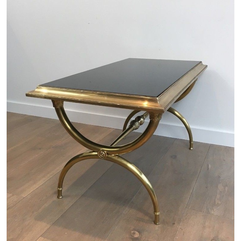 Neoclassical Coffee Table in Bronze and Brass with Black Lacquered Glass Top, Attributed to Raymond Subes. Circa 1940