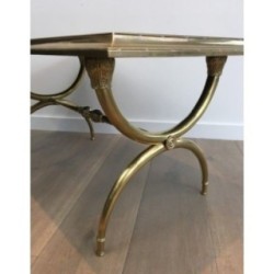 Neoclassical Coffee Table in Bronze and Brass with Black Lacquered Glass Top, Attributed to Raymond Subes. Circa 1940