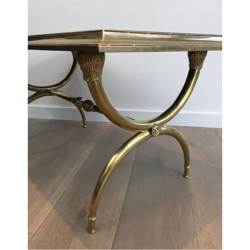 Neoclassical Coffee Table in Bronze and Brass with Black Lacquered Glass Top, Attributed to Raymond Subes. Circa 1940