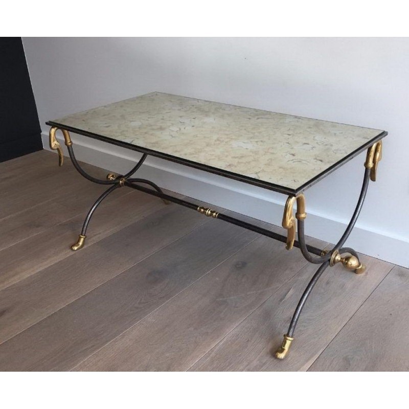 Coffee Table in Brushed Steel and Brass by Maison Jansen. Circa 1970