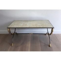 Coffee Table in Brushed Steel and Brass by Maison Jansen. Circa 1970