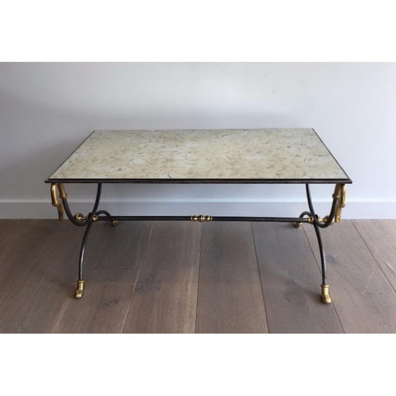 Coffee Table in Brushed Steel and Brass by Maison Jansen. Circa 1970