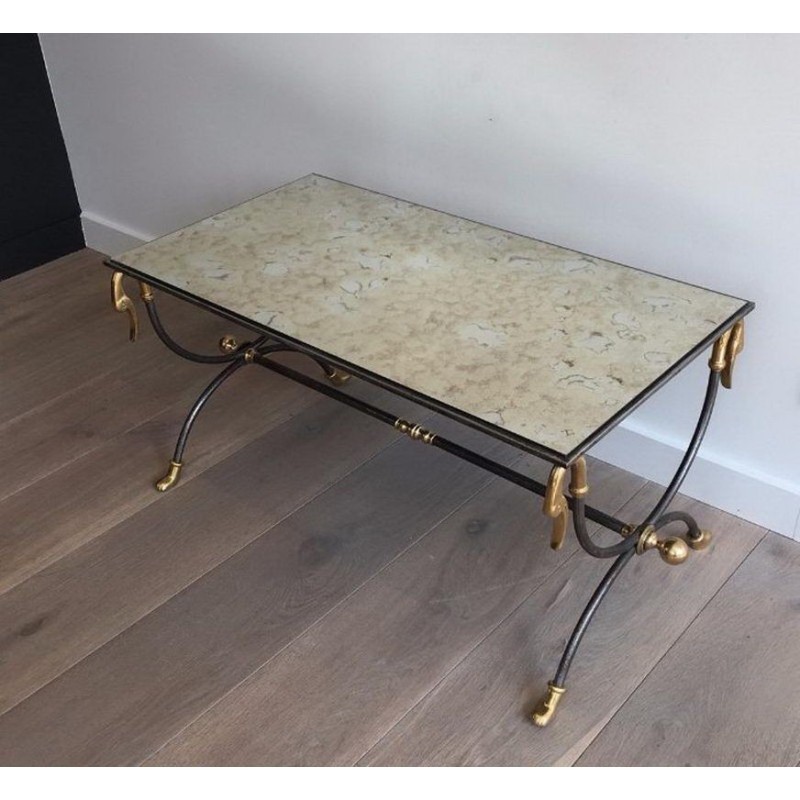 Coffee Table in Brushed Steel and Brass by Maison Jansen. Circa 1970