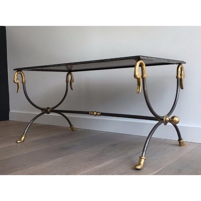 Coffee Table in Brushed Steel and Brass by Maison Jansen. Circa 1970