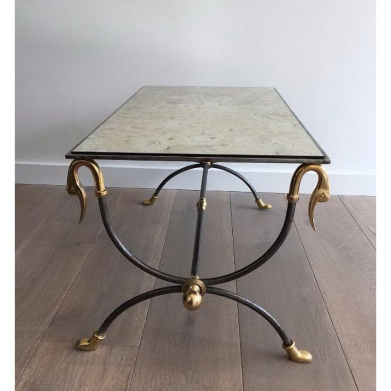 Coffee Table in Brushed Steel and Brass by Maison Jansen. Circa 1970