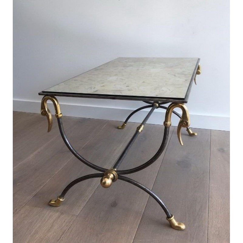 Coffee Table in Brushed Steel and Brass by Maison Jansen. Circa 1970