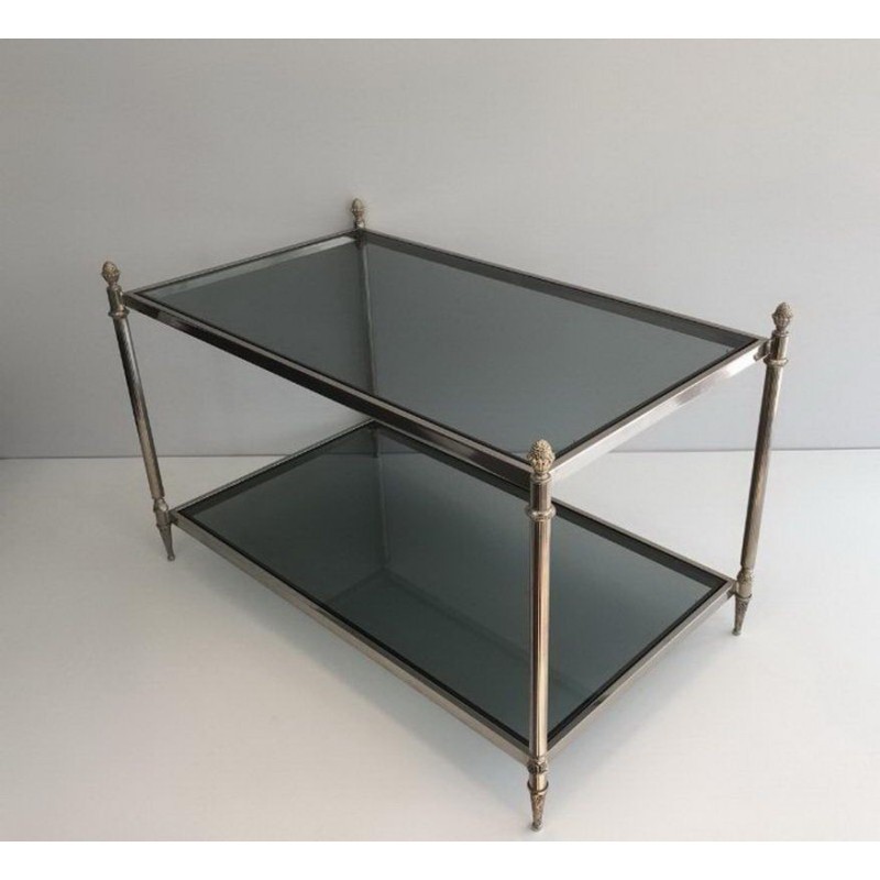 Neoclassical Silvered Coffee Table with Blue-Tinted Glass Tops