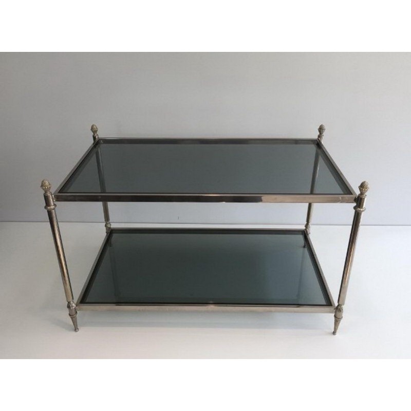 Neoclassical Silvered Coffee Table with Blue-Tinted Glass Tops