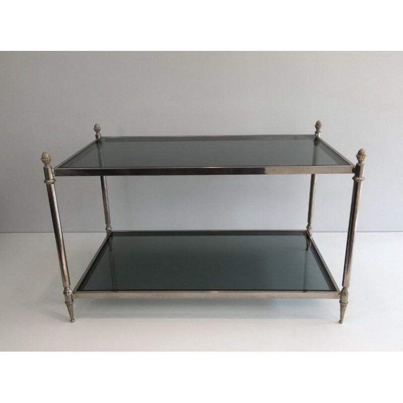Neoclassical Silvered Coffee Table with Blue-Tinted Glass Tops