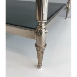 Neoclassical Silvered Coffee Table with Blue-Tinted Glass Tops