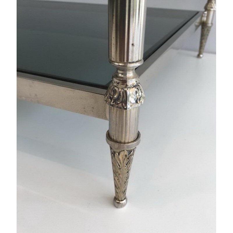 Neoclassical Silvered Coffee Table with Blue-Tinted Glass Tops
