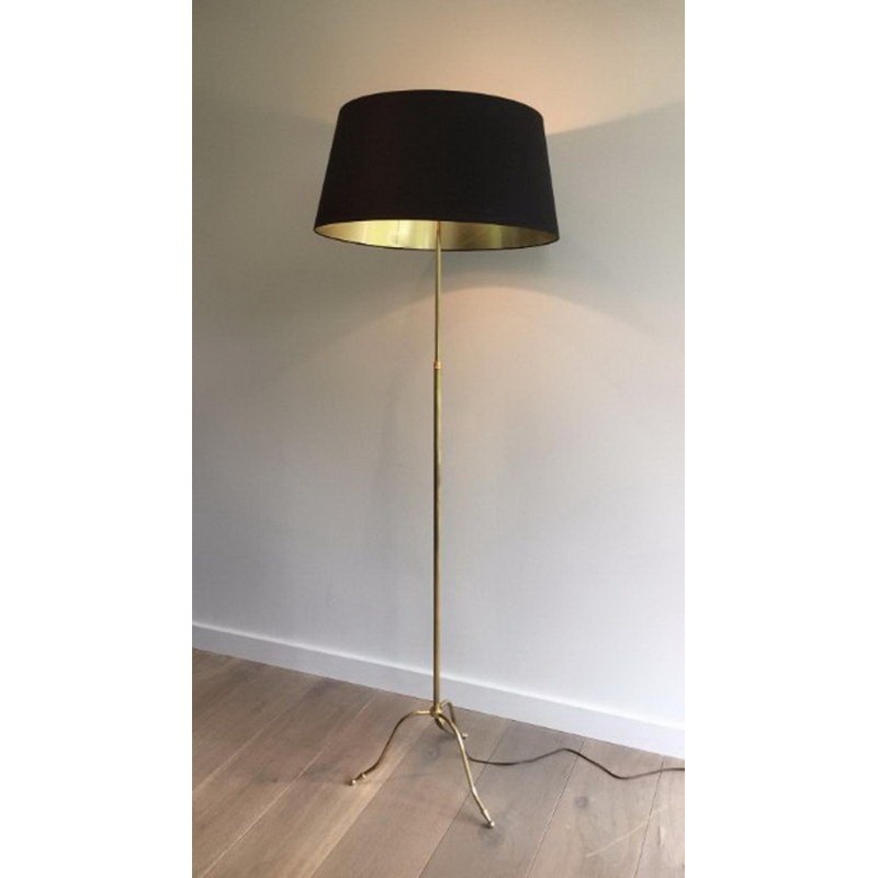 Brass Floor Lamp with Black Shade and Gilt Interior. Circa 1940